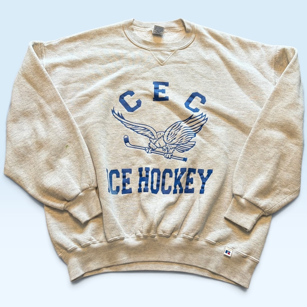 Vintage Russell Athletic Sweatshirt Mens XL Gray CEC Ice Hockey Fleece USA 90s